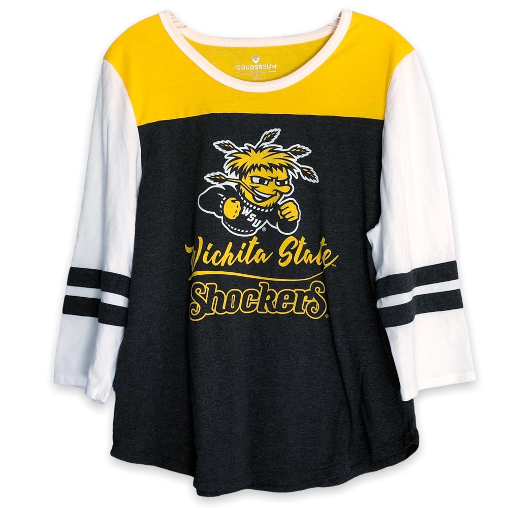 Colosseum XL Wichita Shockers 3/4 Sleeve T Shirt Yellow White Charcoal Gray